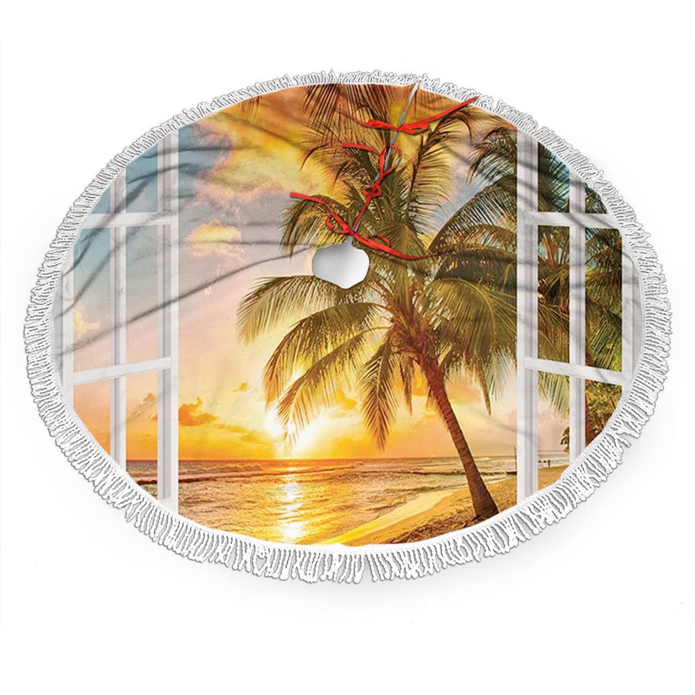Beach Christmas Tree Skirt,Sea Ocean Palm Tree Sunset Scenery House,Xmas Tree Skirts for Christmas Decorations, New Year House Decoration Supplies,Yellow Blue 48 Inches