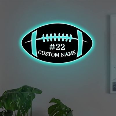 Amabery Personalized Wooden LED Wall Hanging Football Sign Night Light Custom Name Rugby Lamp with 16 Changing Colors,Deal for Kids and Adults for Room Living Room Home Decoration (Football Sign-3)
