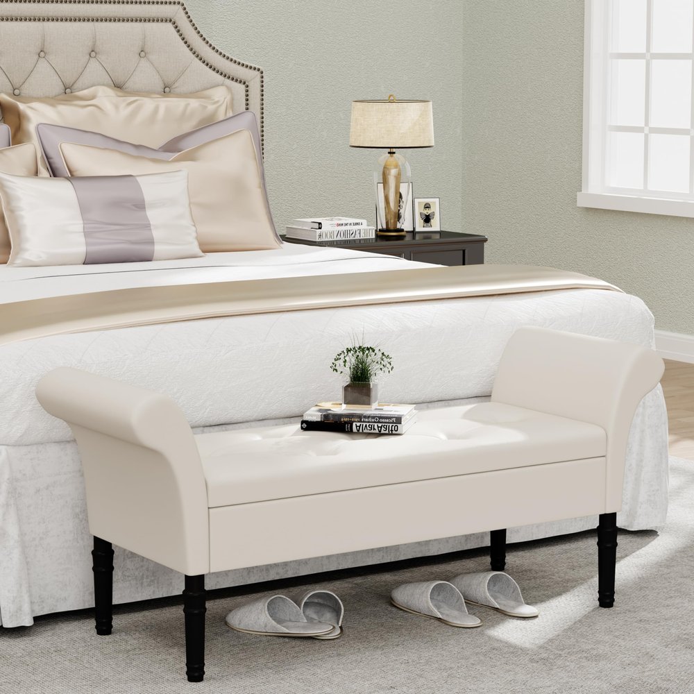 Alunaune Upholstered Storage Bench for Bedroom End of Bed Bench Ottoman, Tufted Entryway Bench Settee, Faux Leather Footstool with Arms for Living Room-White