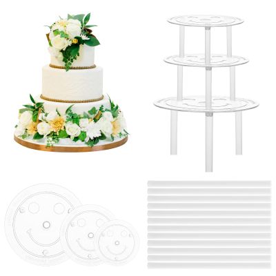 Thinp 15 Pcs Cake Dowels Rods with 3 Cake Boards Set, 4 6 8 Inch Plastic Tiered Cakes Supports, Reusable Hollow Stacking Dowels for Wedding Birthday Party Cakes Construction Supplies