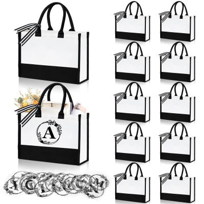 FODIENS 12 Pack Canvas Tote Bag for Women, Personalized Blank Beach Bag with 26PCS A-Z Initial Heat Transfer Letters Film, DIY Monogrammed Gift Tote Bags Bulk for Mom Teachers Friends Bridesmaids