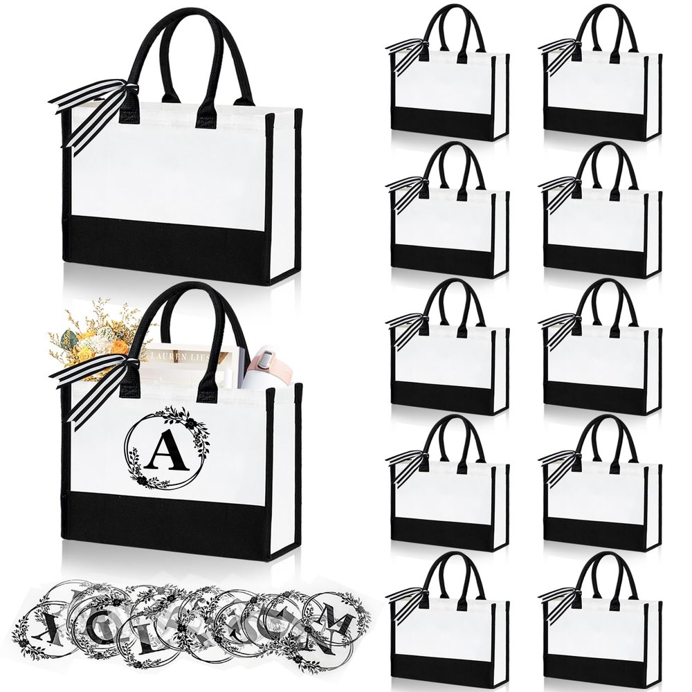 FODIENS 12 Pack Canvas Tote Bag for Women, Personalized Blank Beach Bag with 26PCS A-Z Initial Heat Transfer Letters Film, DIY Monogrammed Gift Tote Bags Bulk for Mom Teachers Friends Bridesmaids