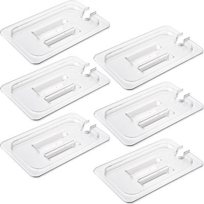 CURTA 6 Pack NSF Notched Food Pan Cover, 1/4 Size Clear Polycarbonate Lid with Handle for Commercial Food Pan, Dishwasher & Freezer Safe Plastic Clear