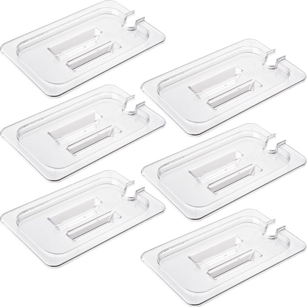 CURTA 6 Pack NSF Notched Food Pan Cover, 1/4 Size Clear Polycarbonate Lid with Handle for Commercial Food Pan, Dishwasher & Freezer Safe Plastic Clear