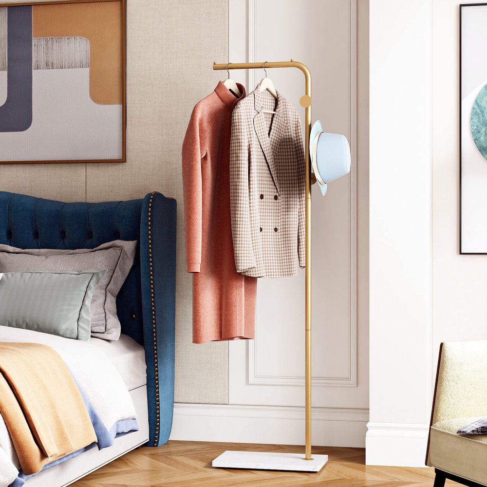 DR.IRON Modern Gold Coat Racks Freestanding Hall Coat Tree,Hat Racks with Marble Base & Coat Hanger with Umbrella for Entryway Hallway, Office or Bedroom