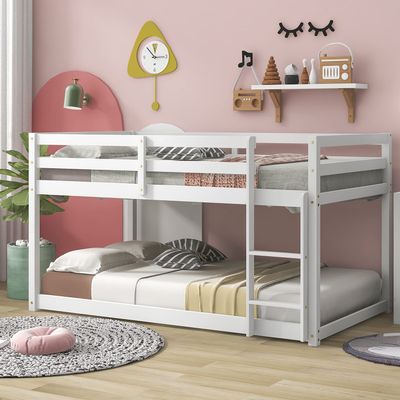 CNANXU Twin Low Bunk Bed,Twin Loft Bed with Ladder for Boys and Girls, Wood Twin Over Twin Bunk Bed Frame with Full Length Guardrail, Multifunctional Design,Wooden Slat Support (White)