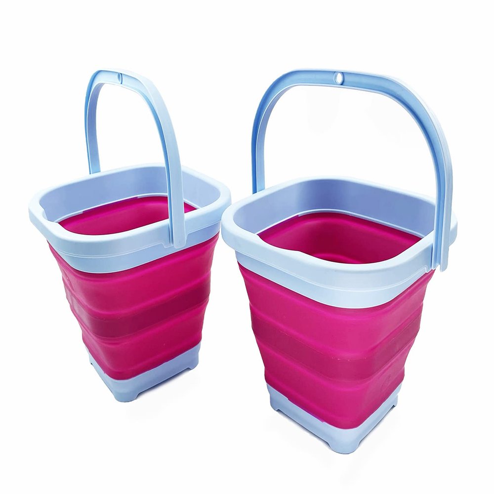 SAMMART Collapsible Rectangular Cleaning Bucket 5L (1.3 Gallon)- Foldable Camping Beach Sand Water Pot Pail- Portable Space Saving Tub for Household, Outdoor Washing (Cool Blue/Flamingo (Set of 2))