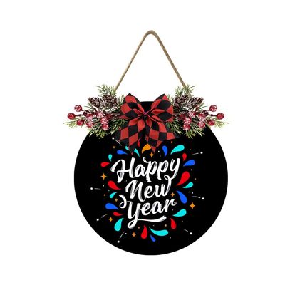 Lefangovs Round Wooden Happy New Year Hanging Front Door Decor Sign Christmas Wreath SignHappy New Year Decorations