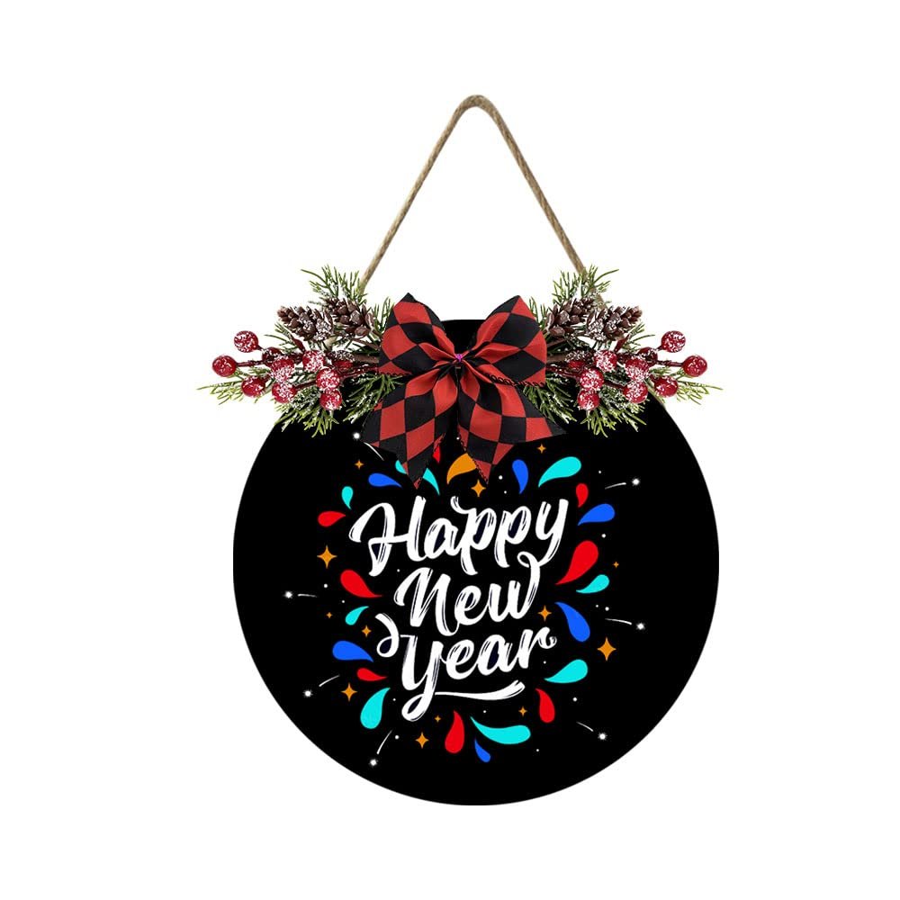Lefangovs Round Wooden Happy New Year Hanging Front Door Decor Sign Christmas Wreath SignHappy New Year Decorations