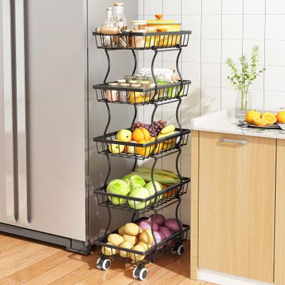 SAYZH Fruit Basket Kitchen Pantry Organizers and Storage - 5 Tier Stackable Metal Wire Basket Stand for Fruit Vegetable Snacks Jars Bins Containers Organization, (Black, 5 Tiers)