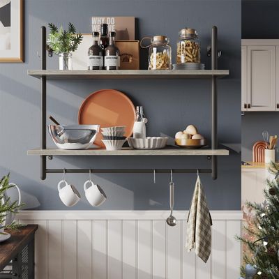 Bestier Pipe Shelf Industrial Floating Shelving 31" Kitchen Wall-Mounted Shelves with 8 Towel Bar Hooks Coffee Bar Shelf Wine Hanging Display Rack Bookshelf Living Room Decor Bathroom-Retro Grey