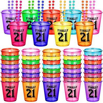 Janmercy 27 Pieces 21st Birthday Shot Glass Necklace Cups Shot Glass on Beaded Necklace Plastic Party Colorful Drinking Cups for Adults Birthday Party Supplies Favors, 9 Colors