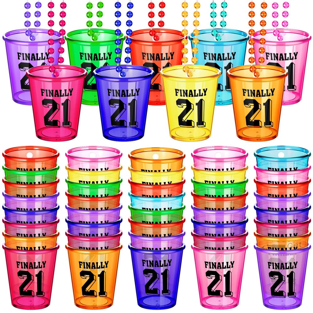 Janmercy 27 Pieces 21st Birthday Shot Glass Necklace Cups Shot Glass on Beaded Necklace Plastic Party Colorful Drinking Cups for Adults Birthday Party Supplies Favors, 9 Colors