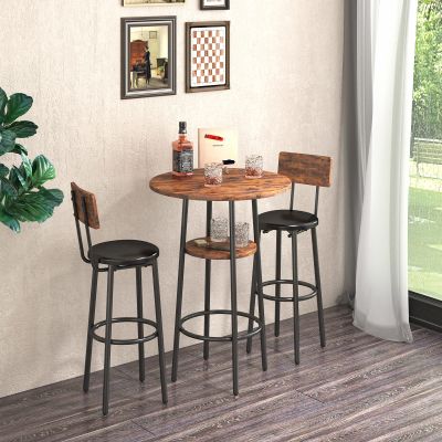 3 Piece Pub Table Set, Small Pub Bistro Table and 2 Bar Stools PU Upholstery Seat with Backrest Easy Assemble Counter Height Dining Table Set, for Kitchen, Apartment, Small Space