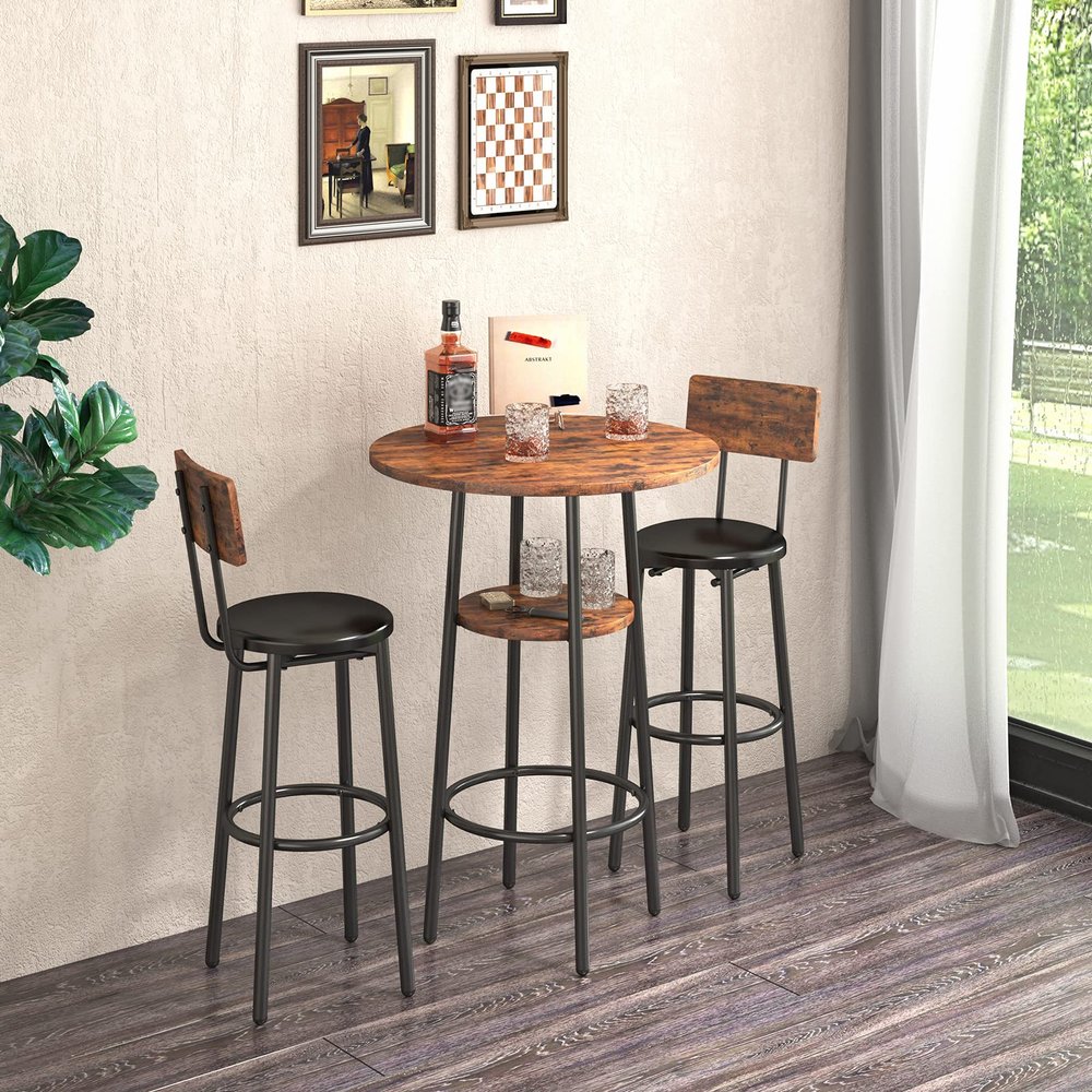 3 Piece Pub Table Set, Small Pub Bistro Table and 2 Bar Stools PU Upholstery Seat with Backrest Easy Assemble Counter Height Dining Table Set, for Kitchen, Apartment, Small Space