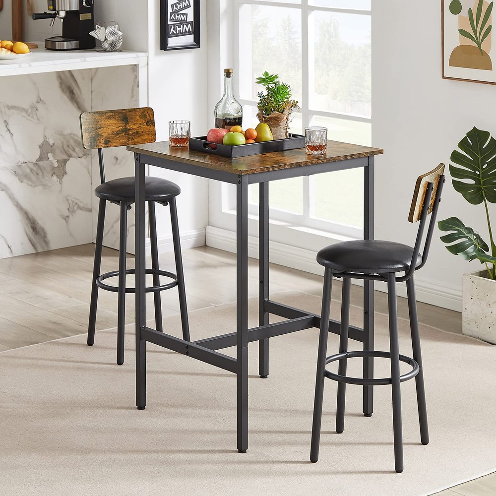 3 Piece Square Pub Dining Set, Small Kitchen Table Set for 2, Counter Height Dining Table Set Wood Top Bistro Bar Table Set with 2 PU Soft Bar Stools Space Saving for Kitchen Living Room, Dining Room