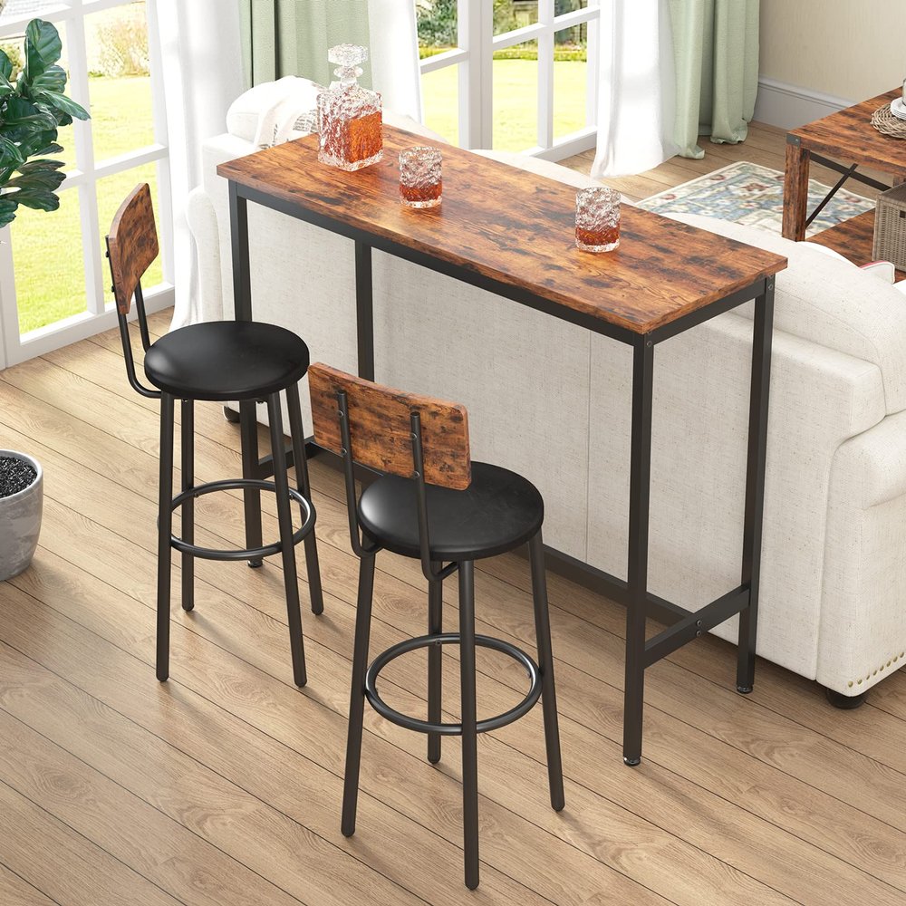 Bituman 43.31" Dining Table Set, Round bar Table and Stools for 2, Industrial 3 Piece Counter Height Table with PU Upholstery Seat with Backrest, Ideal for Pub, Home, Living Room Small Space