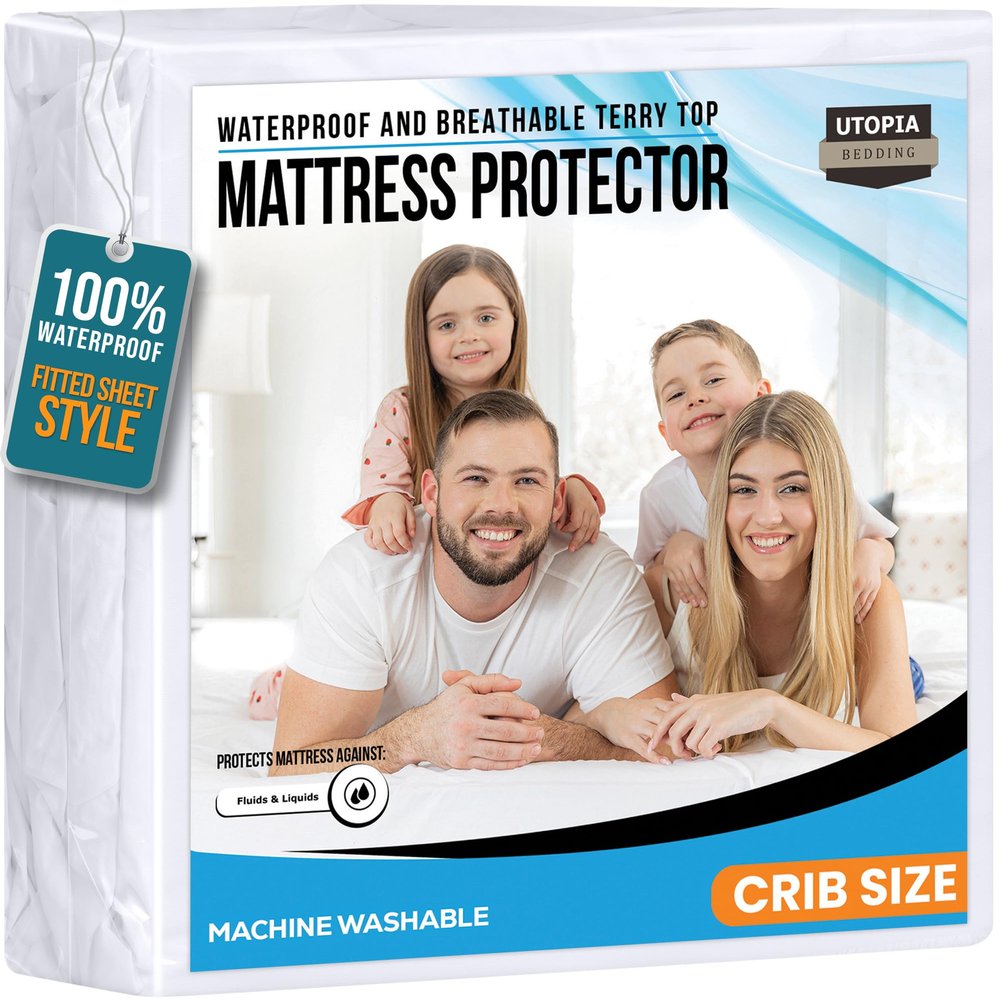 Utopia Bedding Waterproof Mattress Protector Crib Size, Premium 200 GSM Terry Mattress Cover, Soft & Breathable Bed Cover, Fitted Sheet Style with Stretchable Deep Pockets 5" (White)