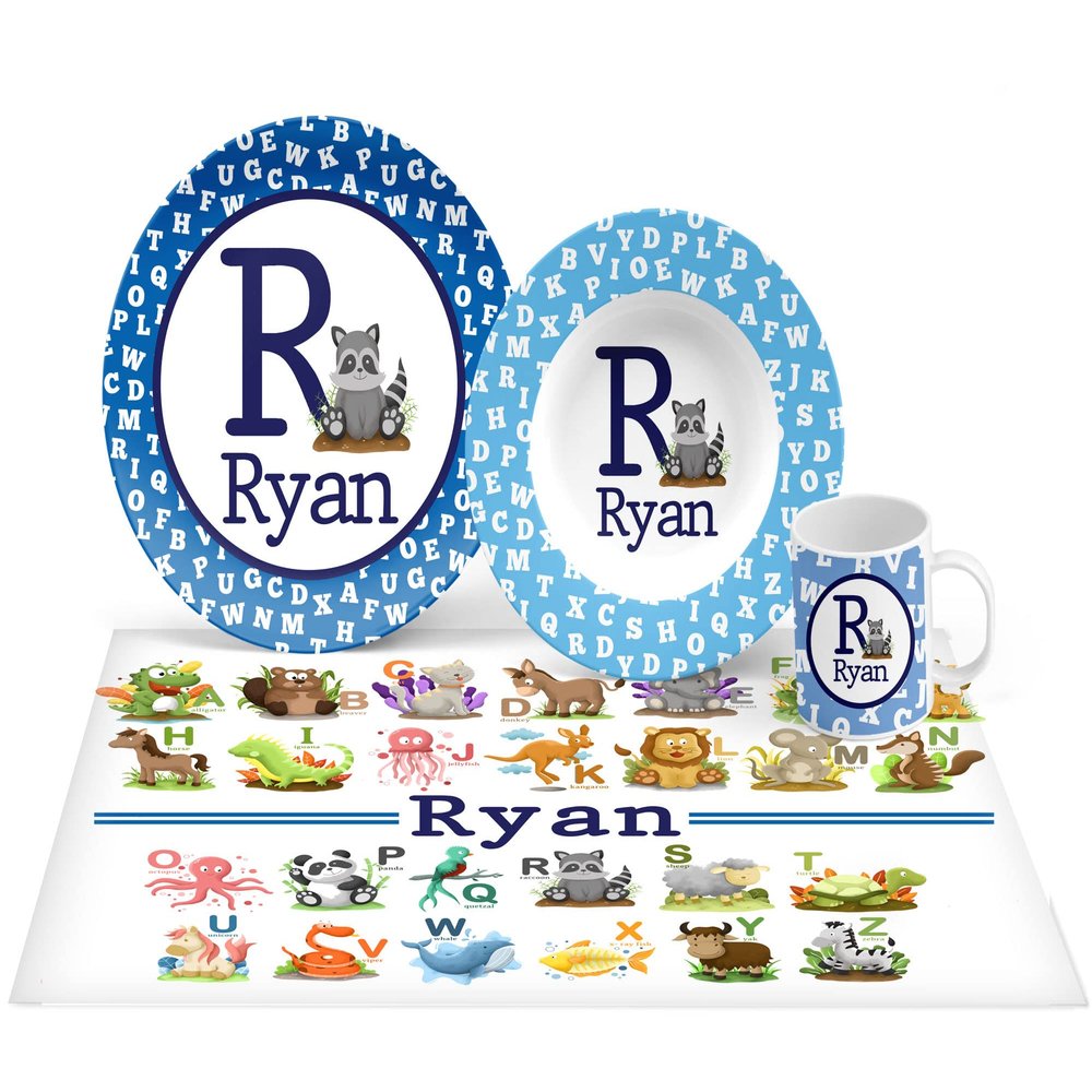 Personalized Animal Alphabet Plate Set, Bowl, Placemat, Mug, Mealtime, Dinner, Dinnerware - Choose Your Pieces