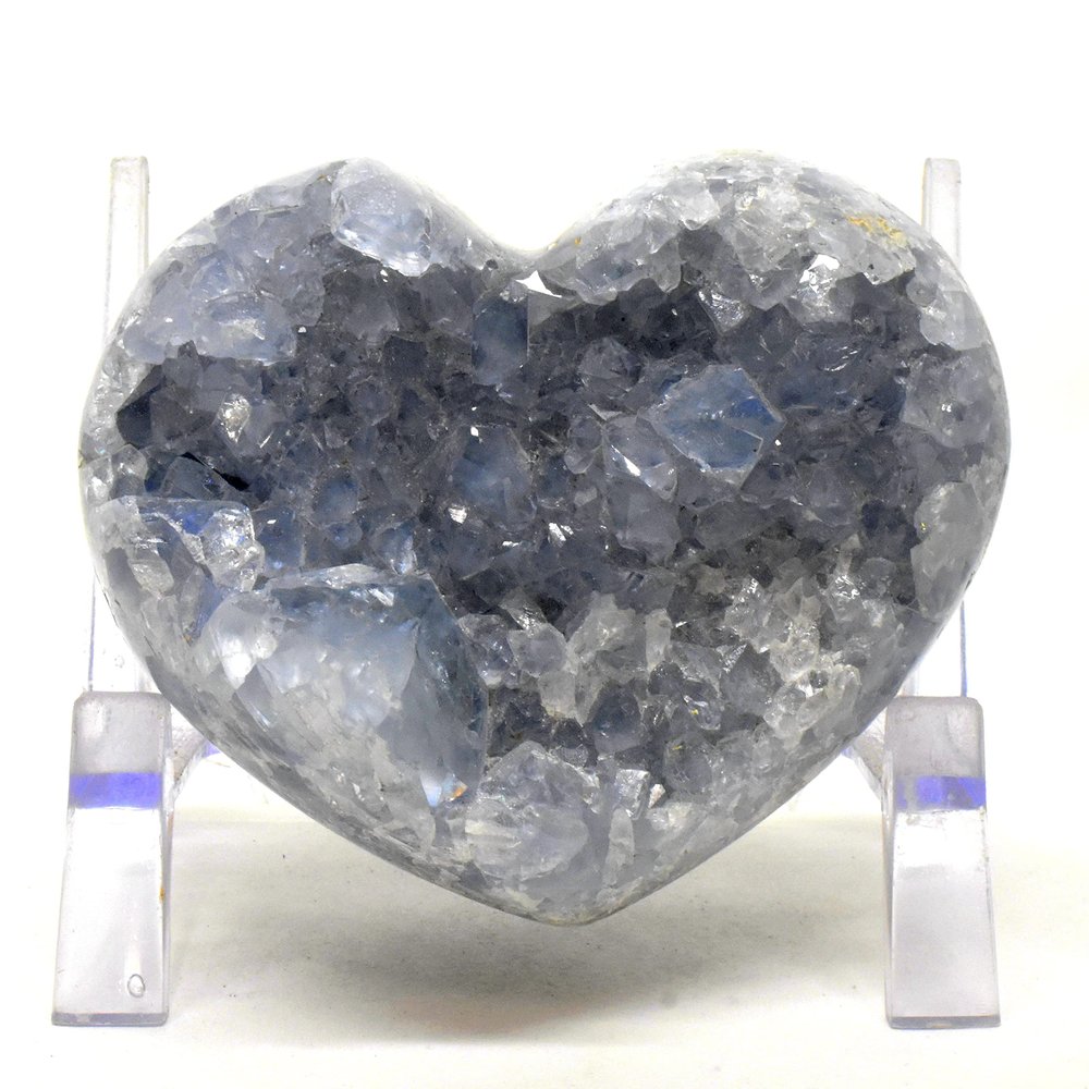 3.8" 1.8lb Blue Celestite Geode Heart Natural Sparkling Celestine Crystal Cluster Druzy Mineral Polished Gemstone - Madagascar + Stand