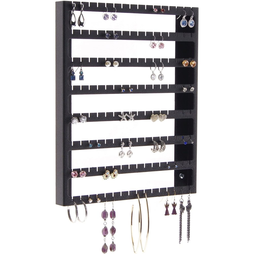 Angelynn's Wall Mounted Earring Holder Organizer Display for Women Small Earrings ONLY, Post Stud Dangle Pierced Earrings, Hanging Closet Jewelry Storage Rack, Luka Black 9"x11"