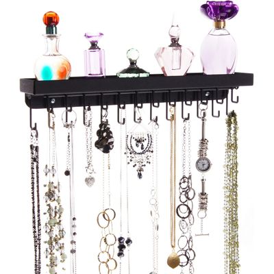 Angelynn's Heavy Duty Wall Mounted Long Necklace Hooks Holder Display Bracelet Organizer with Tray Shelf, Hanging Closet Jewelry Storage Rack, Schelon Black 14 1/2" x2 1/2"