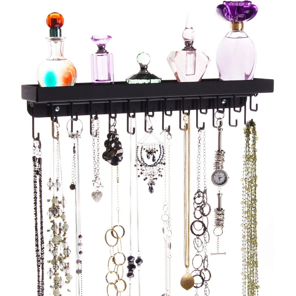 Angelynn's Heavy Duty Wall Mounted Long Necklace Hooks Holder Display Bracelet Organizer with Tray Shelf, Hanging Closet Jewelry Storage Rack, Schelon Black 14 1/2" x2 1/2"