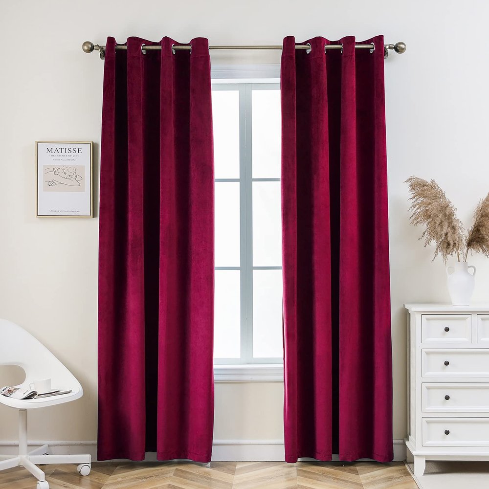 PLEASANT BOULEVARD | Velvet Curtains [2 Panels] Elegant Living Room Bedroom Window Drape Curtains, Grommet Eyelet Style (52" W x 95" L, Burgundy Red)