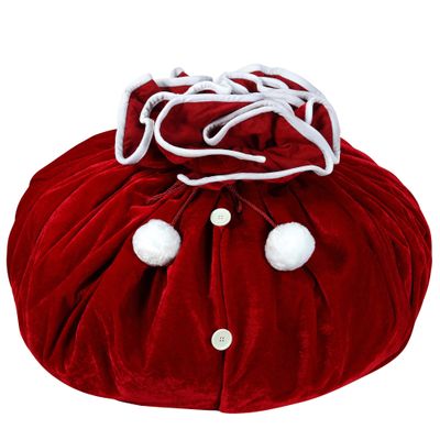 Haute Decor Santa's Surprise Convertible Tree Skirt, Velvet Fabric, Dark Red Double-Sided with Pom Pom String Closure. Extra Large 80 inch Diameter - Hide Presents Until Christmas Morning