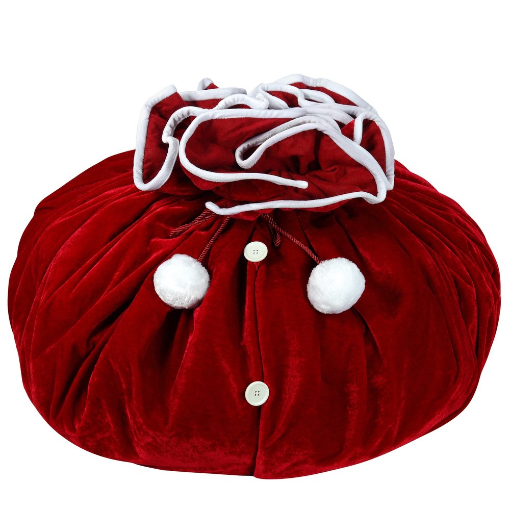 Haute Decor Santa's Surprise Convertible Tree Skirt, Velvet Fabric, Dark Red Double-Sided with Pom Pom String Closure. Extra Large 80 inch Diameter - Hide Presents Until Christmas Morning