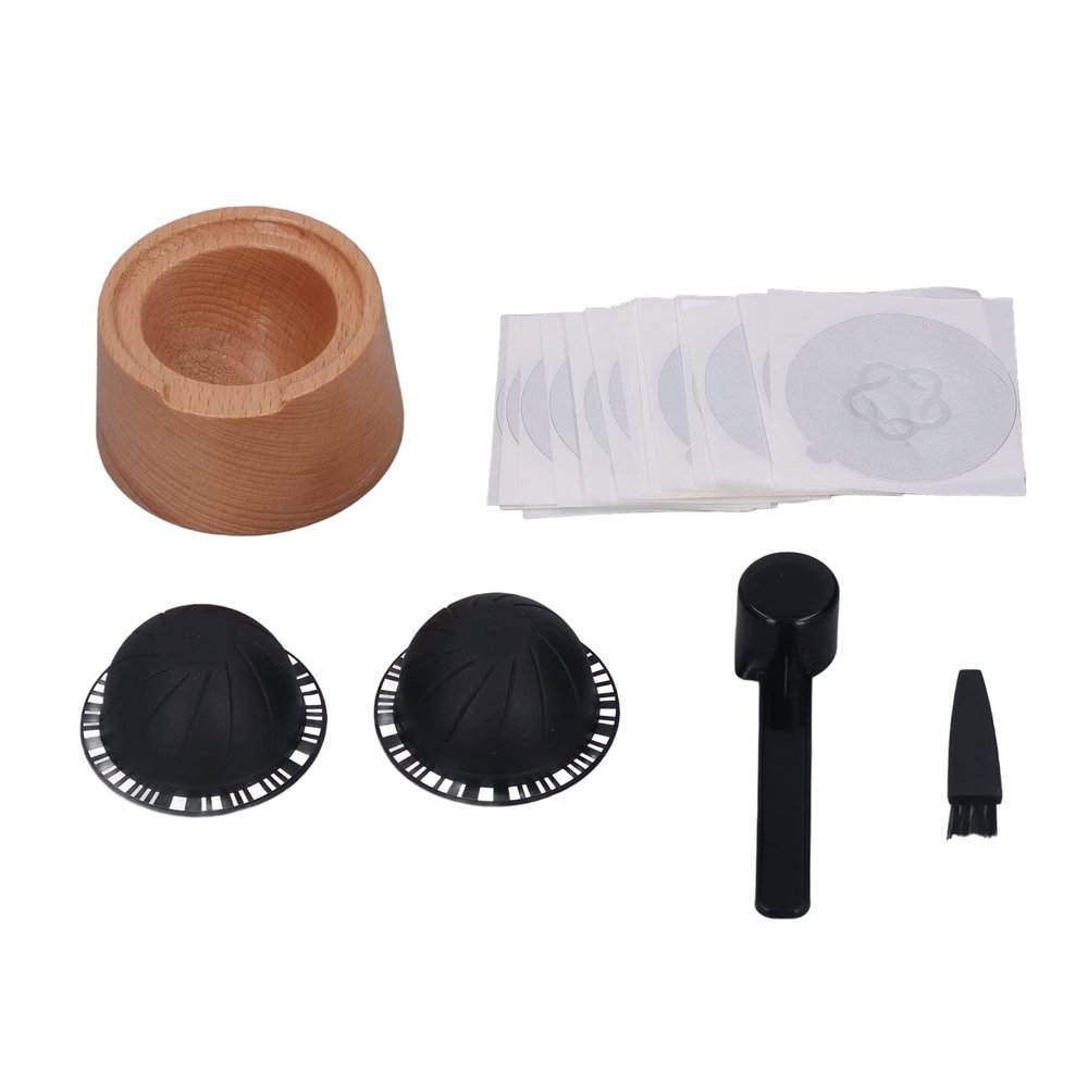 Aluminum Foil Seals Kit Reusable Capsule Kit For Capsules,Coffee Capsule Filter Cup Kit Black with Beech Holder Aluminum Foil Spoon Brush 230ml Reusable Coffee Powder Filler, coffee capsule filte