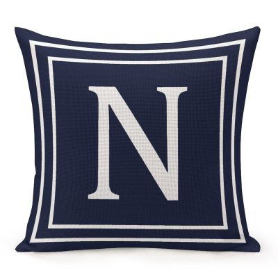TiuKiu White Letter Monogram N Throw Pillow Covers, Stripes English Alphabet Initial Navy Blue Decorative Pillowcase Cushion Cases for Couch Bed and Living Room 22"x22"
