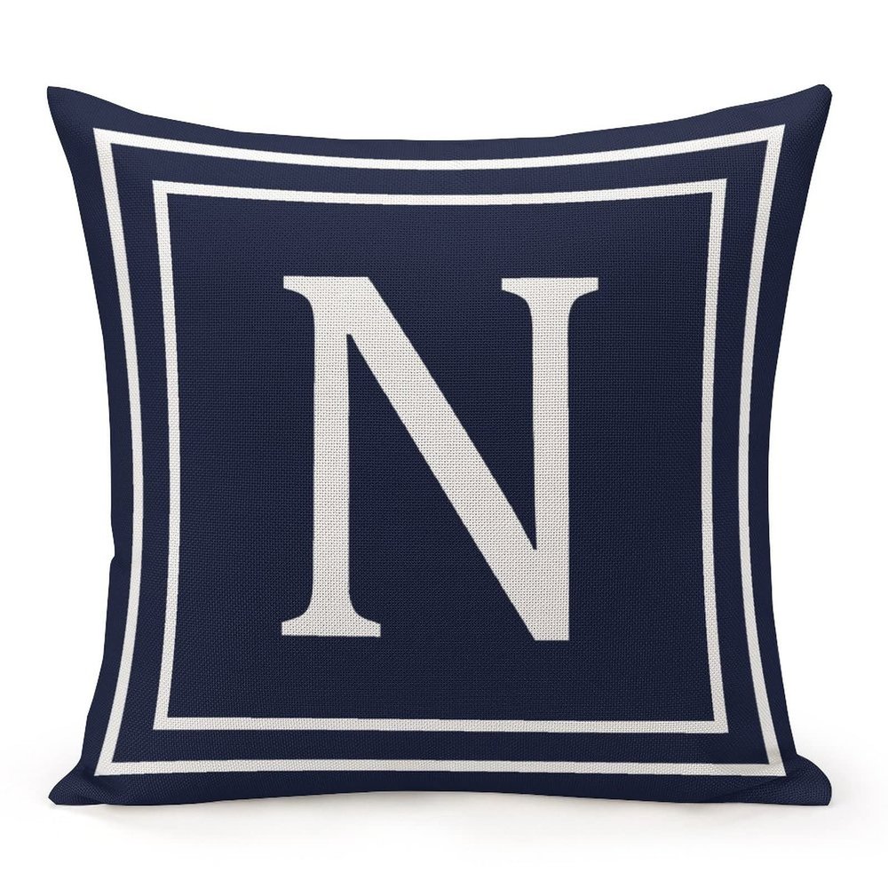 TiuKiu White Letter Monogram N Throw Pillow Covers, Stripes English Alphabet Initial Navy Blue Decorative Pillowcase Cushion Cases for Couch Bed and Living Room 22"x22"