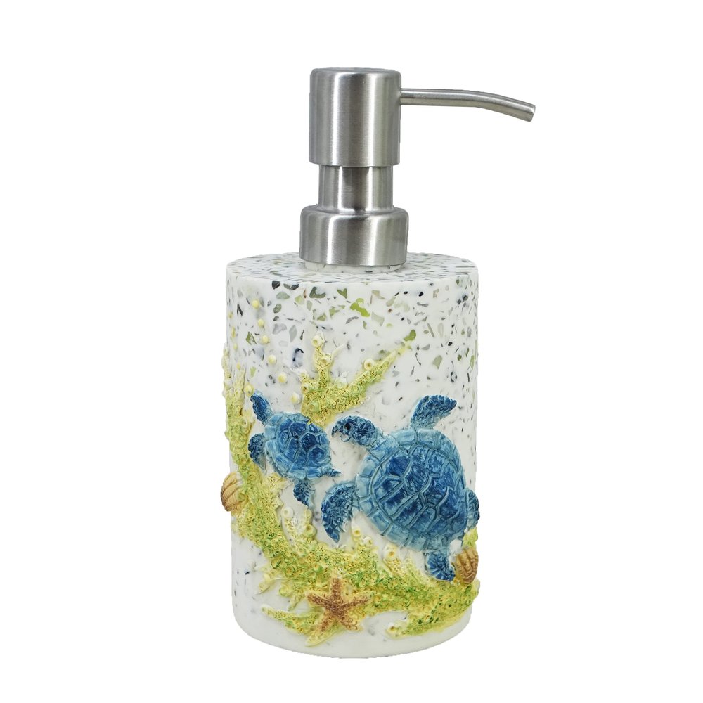 6-inch Turtle Soap Dispenser - Shell Design Resin Hand Soap Pump for Bathroom & Kitchen, Refillable Blue Countertop Organizer with Soap Box