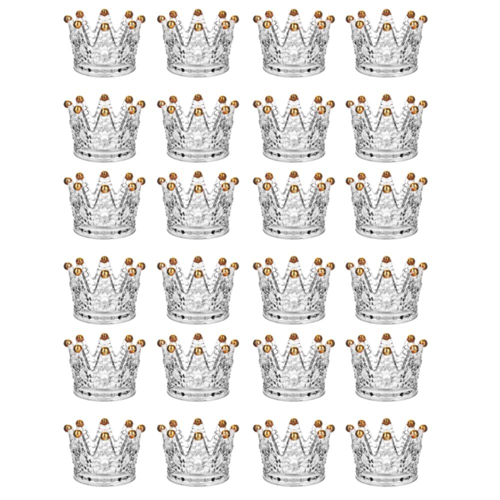 BTGLLAS Set of 24 Crown Glass Tealight Candle Holder,Votive Candle Holders for Wedding, Party, Home Decoration, Jewelry Storage Tray (Glass, Gold24Pcs)