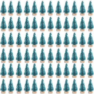 EVINIS 72 Pcs Mini Artificial Christmas Sisal Snow Trees with Wood Base, Blue-Green