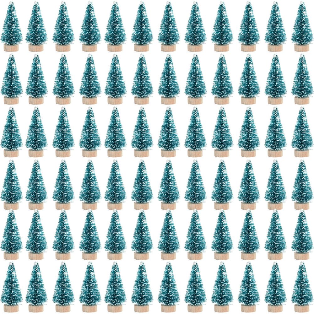 EVINIS 72 Pcs Mini Artificial Christmas Sisal Snow Trees with Wood Base, Blue-Green
