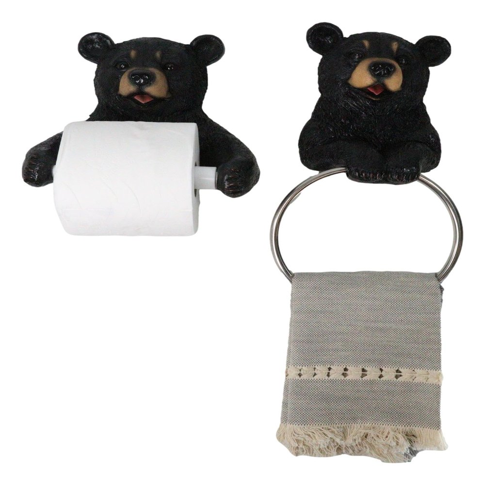 Ebros Gift Rustic Western Cozy Cabin Lodge Forest Black Bear Toilet Paper and Hand Towel Holder Set of 2 Whimsical Bears Figurines Bathroom Vanity Power Room Decor Accessories