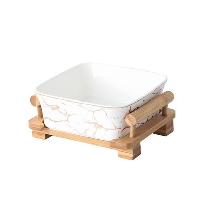ARZARF Serving Bowls Nordic Simple Marble Gold Pattern Fruit Square Ceramic Salad Dessert Bowl Fruit Plate with Creative Wooden Bracket Noodle Bowl (Color : A2pc, Size : Small)