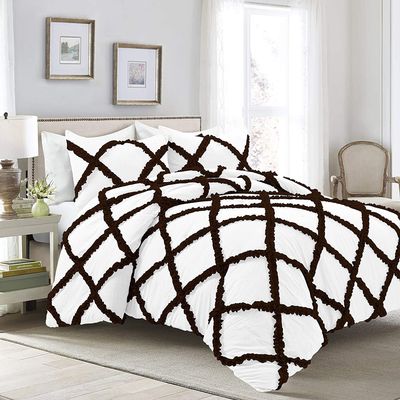 Dual-Tone 3PC Luxurious Diamond Ruffle Duvet/Quilt Cover Set, 400TC, Decorated Solid Color Diamond Ruffle 100% Egyptian Cotton Comforter Covers - Chocolate/White Solid, Oversize Queen Size.