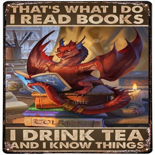 Licpact Funny Dragon Book Metal Tin Sign Read Books and Drink Tea Poster decor Book Lover Book Worm Gift Book poster Study home decor 16x12 Inch