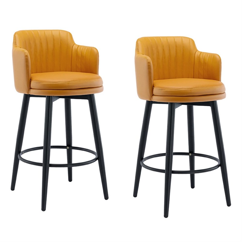 26" Round Kitchen Heigh Stool Counter Height Swivel Barstools Chair Bar Set of 2 with Back Kitchen Island Bar Stools, Nappa Leather Black Metal Legs Black Footrest for Pub Home Bars Dining Room