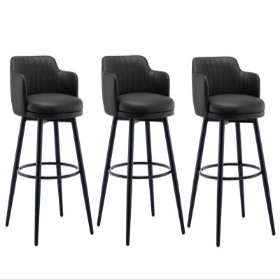 26 Inches High Barstools Swivel Bar Stools Set of 3 with Low Back Kitchen Island Bar Chair, Counter Height with Arms, Nappa Leather Pedal Chrome Upholstered Seat, for Bars, Cafe, Lounge, Pubs
