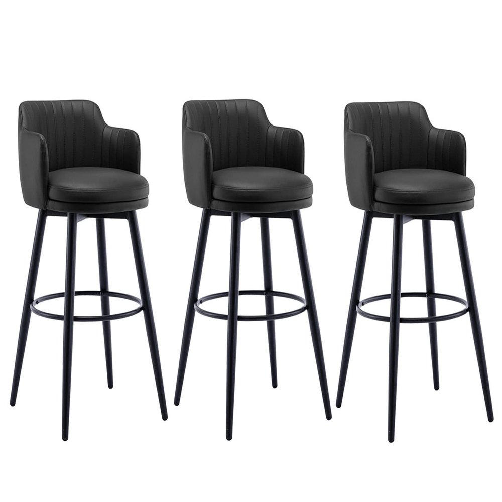 26 Inches High Barstools Swivel Bar Stools Set of 3 with Low Back Kitchen Island Bar Chair, Counter Height with Arms, Nappa Leather Pedal Chrome Upholstered Seat, for Bars, Cafe, Lounge, Pubs