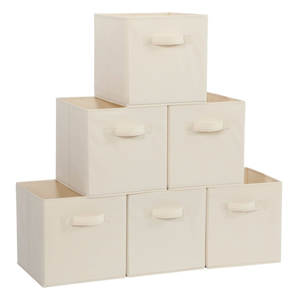 STORAGE MANIAC Storage Cubes, 11 Inch Collapsible Storage Bins with Handles, 6 Pack Fabric Foldable Bins for Organization, Durable Storage Bins for Closet, Shelves, Offices, Toys, Beige