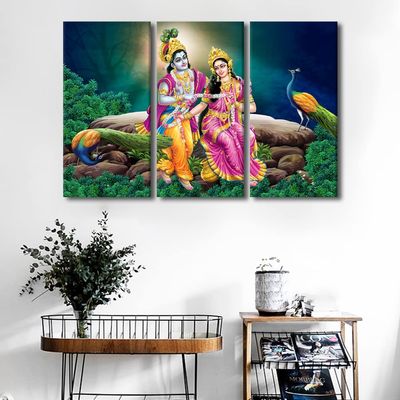 TUMOVO Wall Art for Living Room India Religious Culture Paintings on Canvas Radha Krishna Pictures Modern Artwork Home Decor 3 Pieces Posters Prints Framed Stretched Ready to Hang, 42" Wx28 H