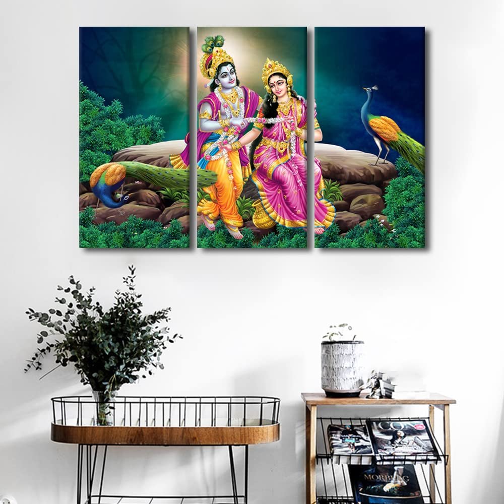 TUMOVO Wall Art for Living Room India Religious Culture Paintings on Canvas Radha Krishna Pictures Modern Artwork Home Decor 3 Pieces Posters Prints Framed Stretched Ready to Hang, 42" Wx28 H