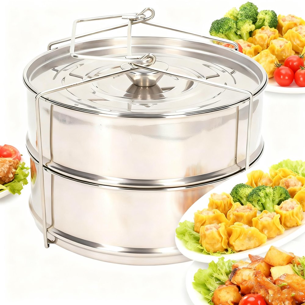 2-Tier Stackable Steamer Insert Pans - 304 Stainless Steel Steam Pot with Lid for Healthy Cooking, Baking, Casseroles, Lasagna, Vegetables, Dumplings