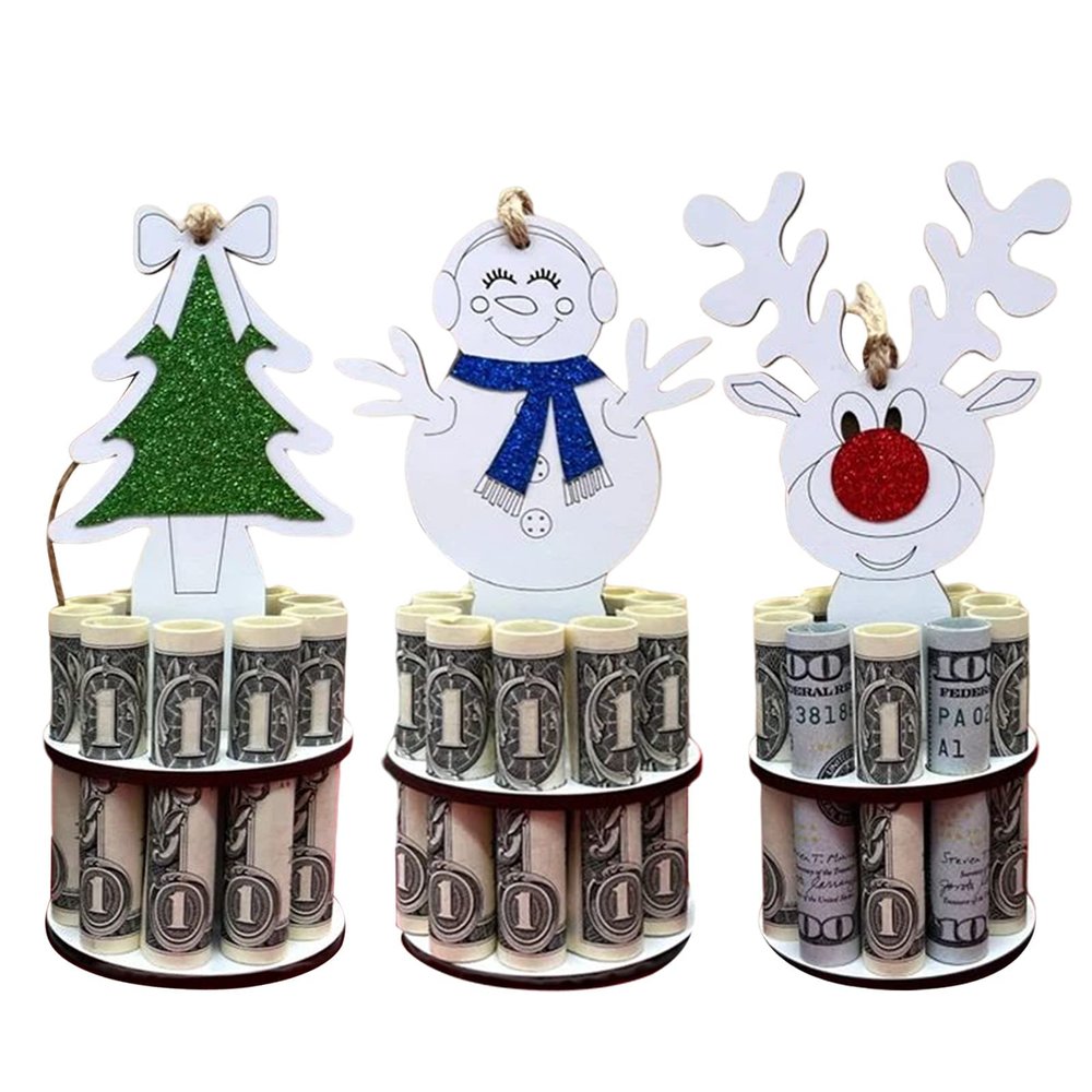 Creative Money Holder for Cash Gift, Handmade Wooden Christmas Tree Money Holder, Double Layer Cash Holders with 10 Holes for Placing Money,Christmas Unique Money Holder