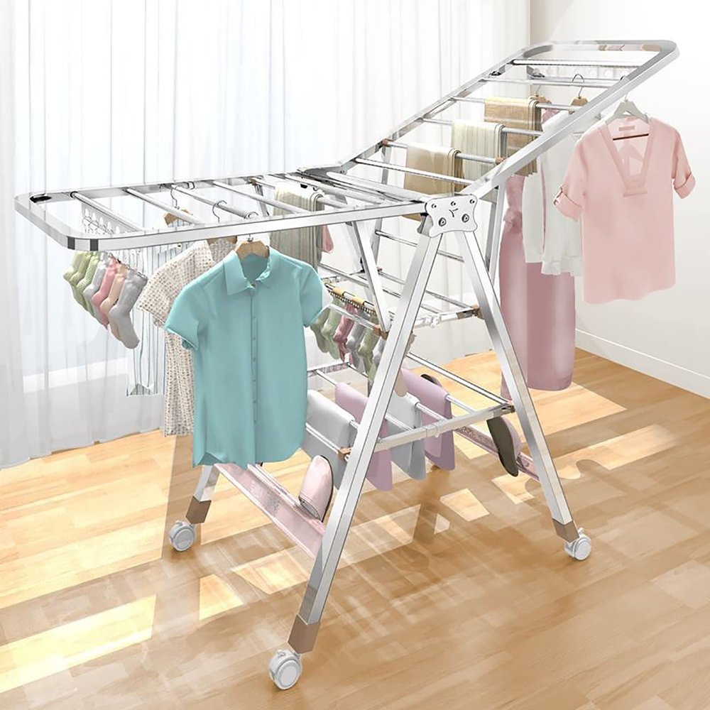 Clothes Drying Rack,3-Level Folding Drying Rack,Stainless Steel Laundry Rackwith Wheels,27Rails & 12 Clips,Indoor/Outdoor Portable Dryer for Clothes Shoes Towels